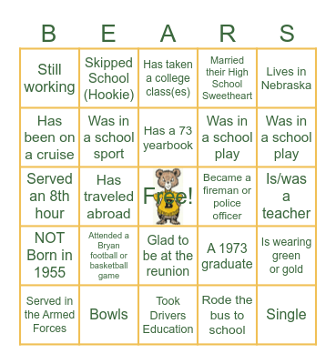 50th Reunion ~ 1973 BRYAN Bingo Card