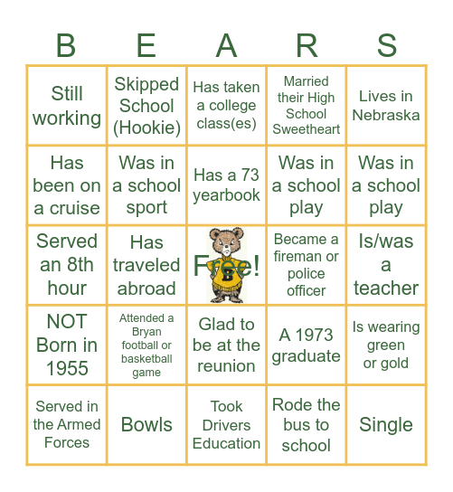 50th Reunion ~ 1973 BRYAN Bingo Card