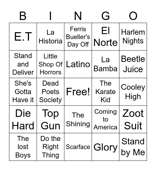 Old Skool Movies Bingo Card