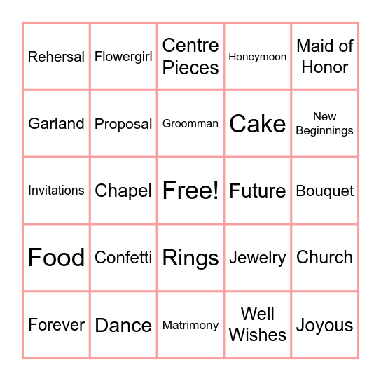 Stephanie's Bridal Shower Bingo Card