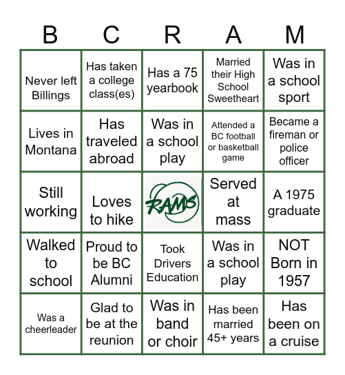 50th Reunion ~ 1975 Billings Central Bingo Card