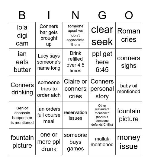 ASB Senior Dinner Bingo Card