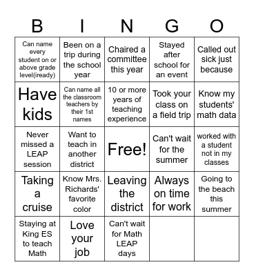Math Team Bingo Card