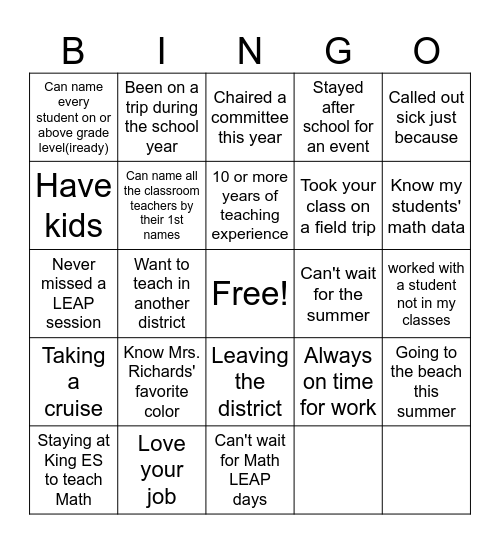 Math Team Bingo Card