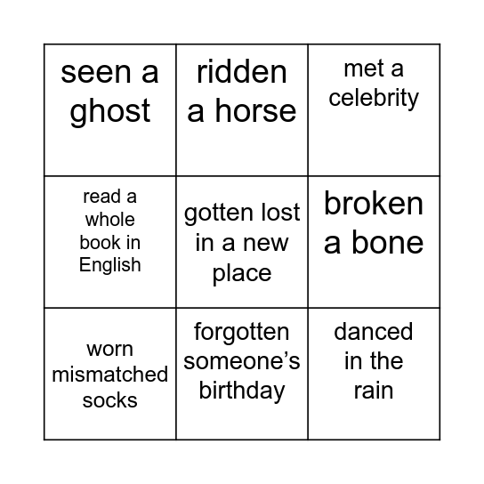 Never have I ever Bingo Card