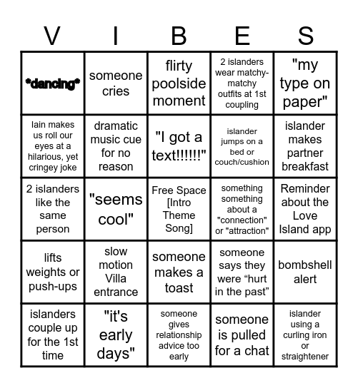 Love Island S7 Season Premiere Bingo Card