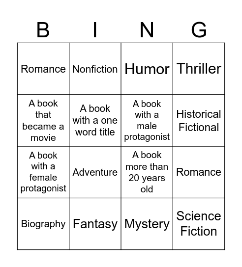 Reading Challenge Bingo Card