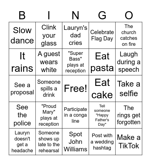 Lauryn and Chris's Wedding Bingo Card