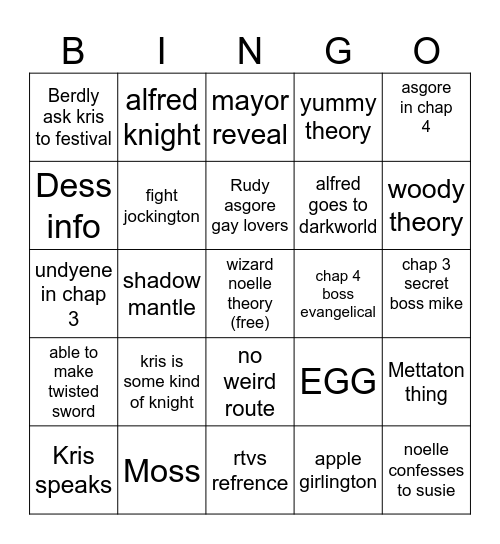 deltarune Bingo Card