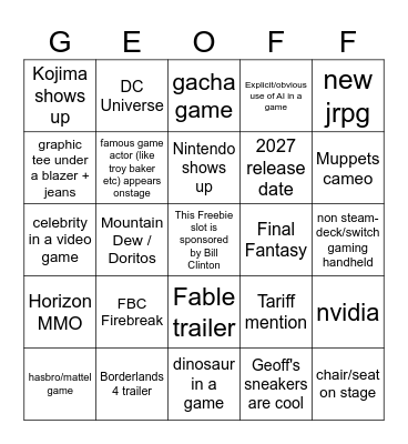 Summer Games Fest 2025 Bingo Card