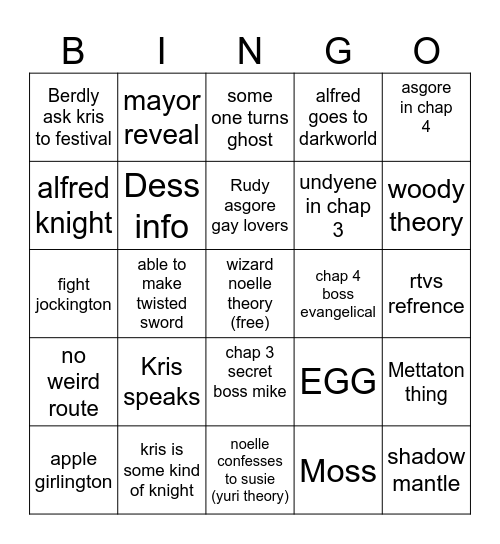 deltarune Bingo Card