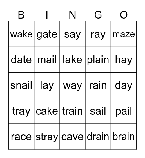 long vowel a (a_e/ ai / ay) Bingo Card