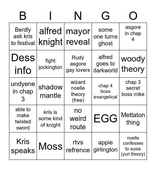 deltarune Bingo Card