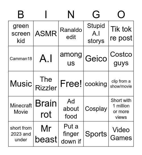 youtube Bingo Card
