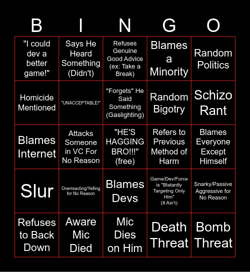 Ryan Rage Bingo Card