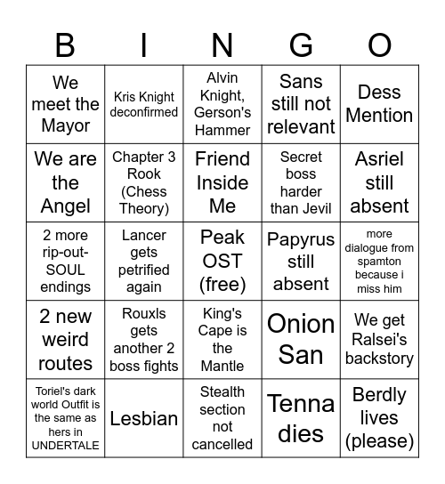 Deltarune Bingo Card