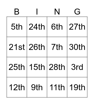 ORDINAL NUMBERS Bingo Card