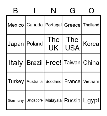 COUNTRY Bingo Card