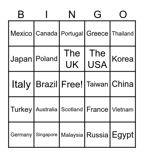 COUNTRY Bingo Card