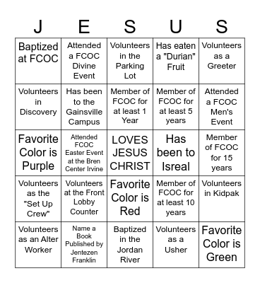 FCOC VOLUNTEERS Bingo Card