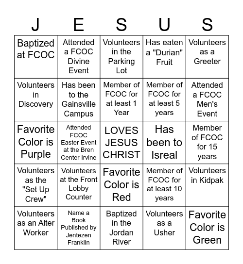 FCOC VOLUNTEERS Bingo Card