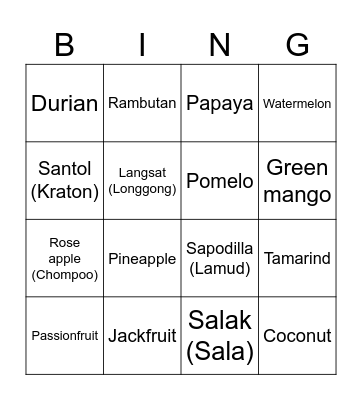 Thai Fruit Bingo Card