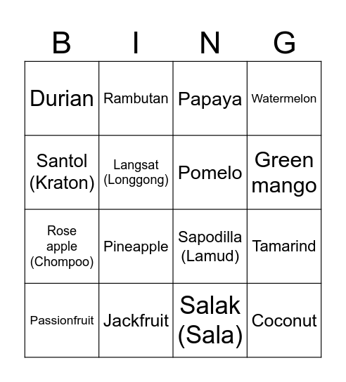 Thai Fruit Bingo Card