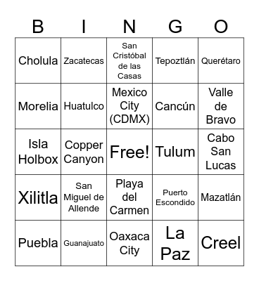 Mexico Summer Destinations Bingo Card