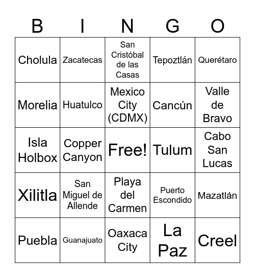 Mexico Summer Destinations Bingo Card