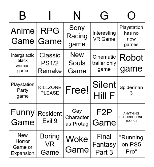 Sony State of play Bingo Card