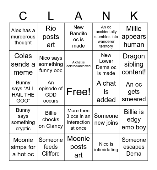 Clancy RP Bingo! Bingo Card