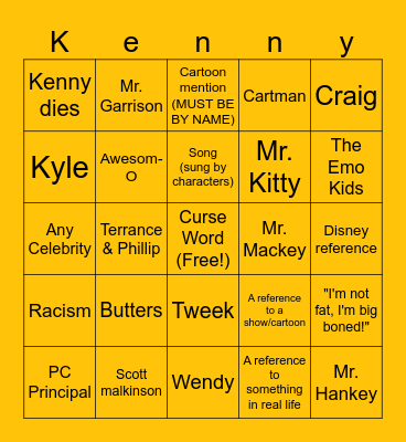 South Park Bingo Card