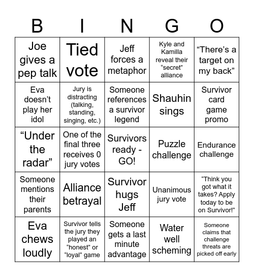 Survivor 48 Bingo Card