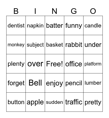 Two Syllable Words Bingo Card