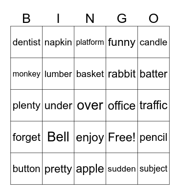 Two Syllable Words Bingo Card