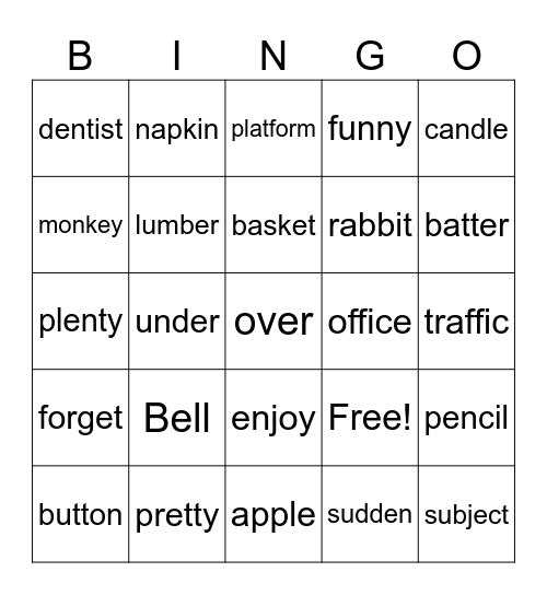 Two Syllable Words Bingo Card