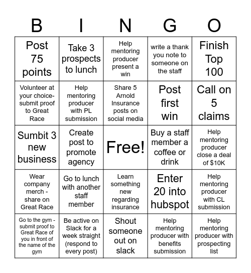Junior Producer Bingo Card