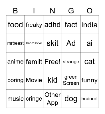 YouTube shorts Bingo Card