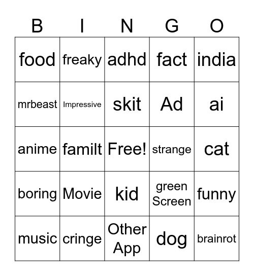 YouTube shorts Bingo Card