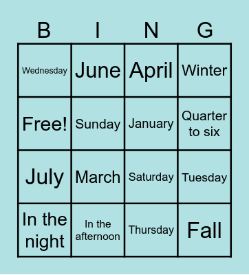 Project: What time is it? Bingo Card