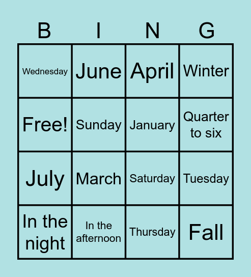Project: What time is it? Bingo Card