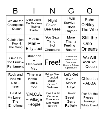 70s Classics Bingo Card