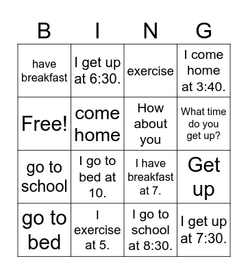 Lesson 6- I Get Up at Five Bingo Card