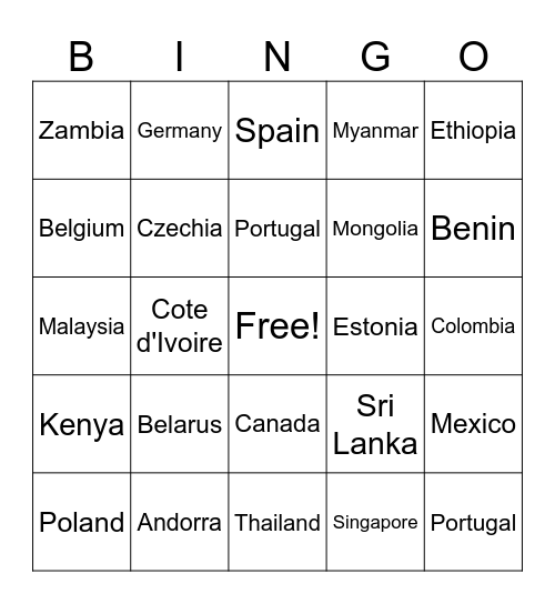 Country names Bingo Card