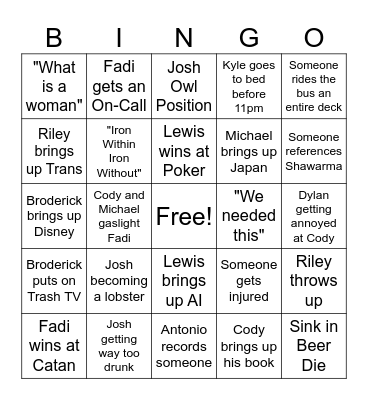 Beach Week Bingo Card
