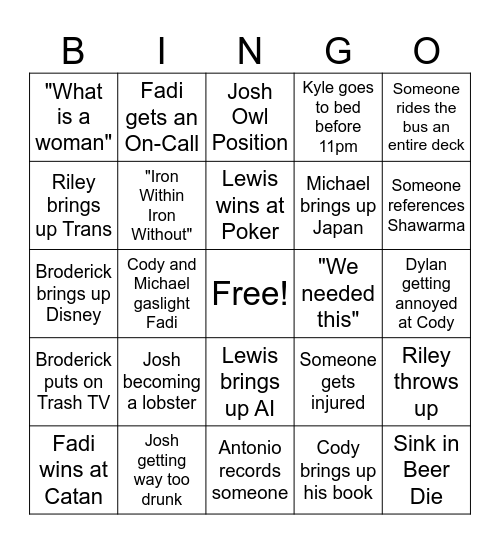 Beach Week Bingo Card