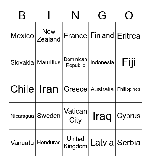 Country names Bingo Card