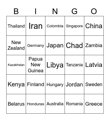 Country names Bingo Card