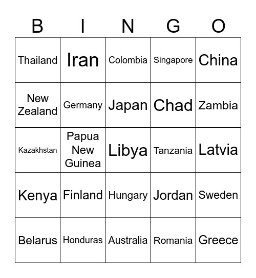 Country names Bingo Card