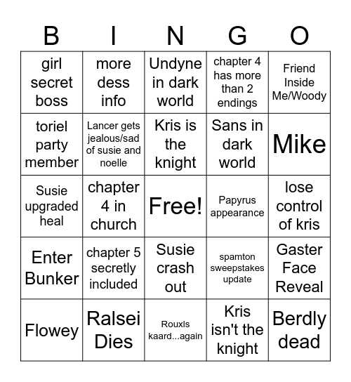 Deltarune Chapter 3+4 Bingo Card